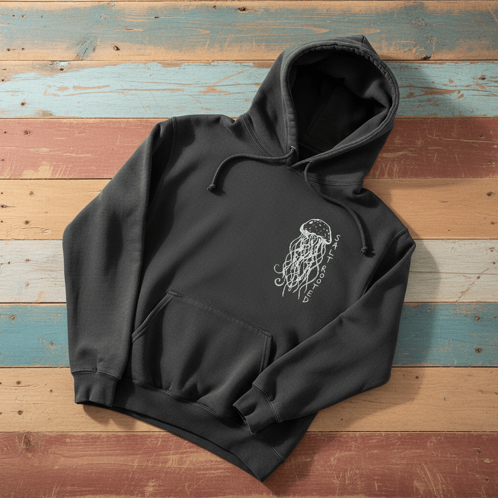 Salt Rooted Jellyfish Hoodie in Pepper Charcoal — front chest graphic with hand-drawn jellyfish on driftwood