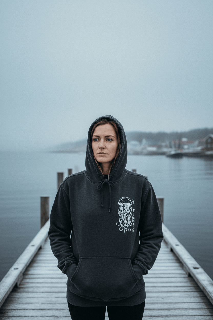 Female model wearing Salt Rooted Jellyfish Hoodie in Pepper Charcoal on a moody Maine winter coastal dock