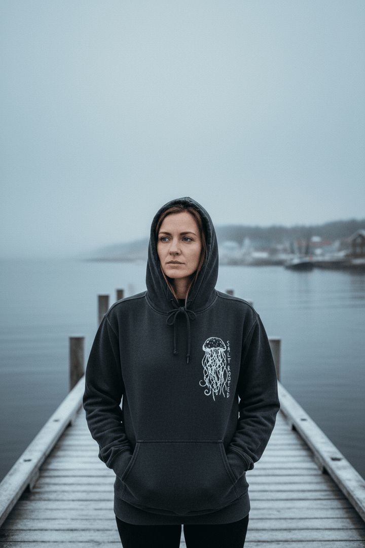 Female model wearing Salt Rooted Jellyfish Hoodie in Pepper Charcoal on a moody Maine winter coastal dock