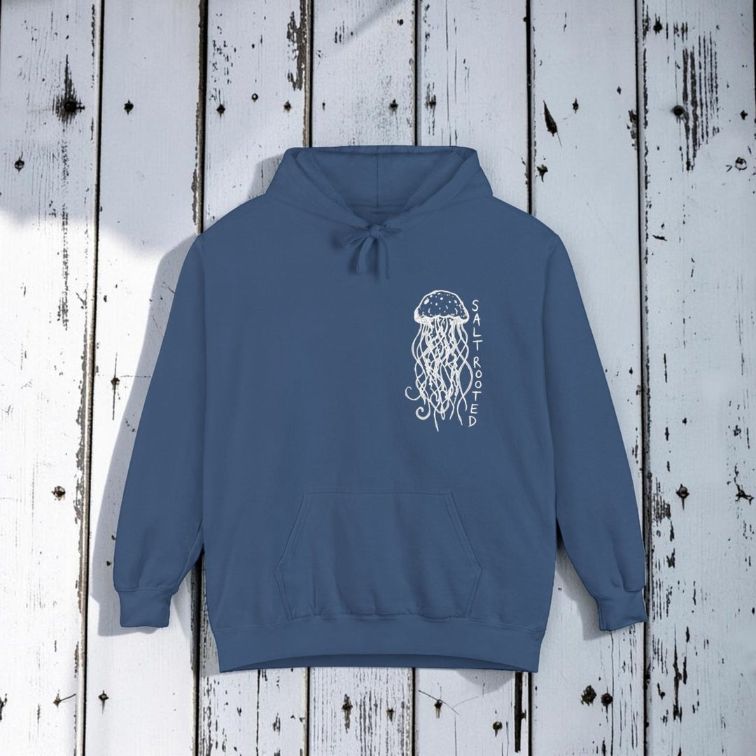 Blue hoodie with a jellyfish design and &