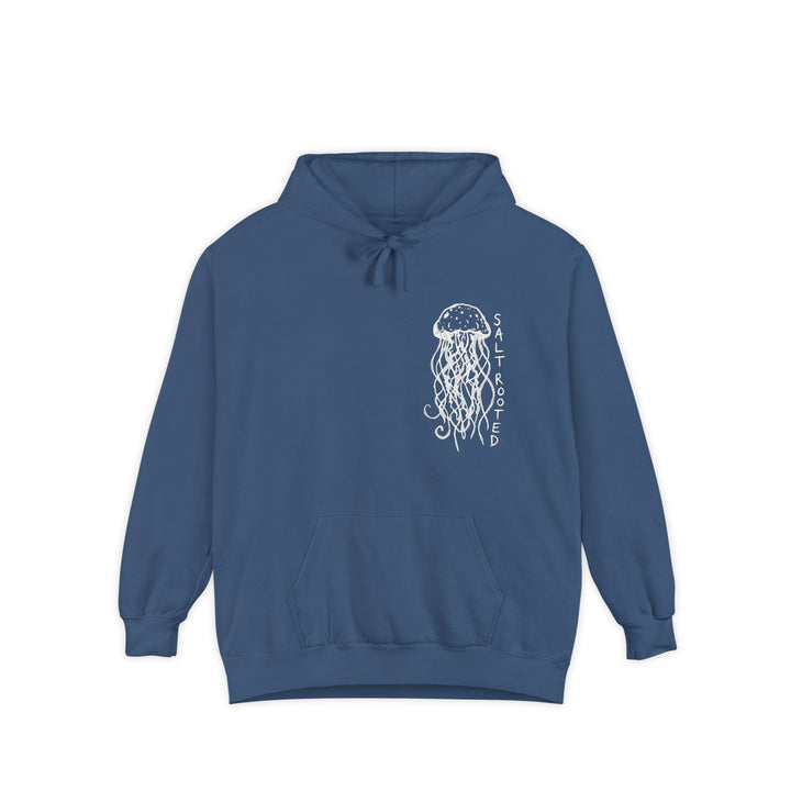 Blue hoodie with a jellyfish design and &
