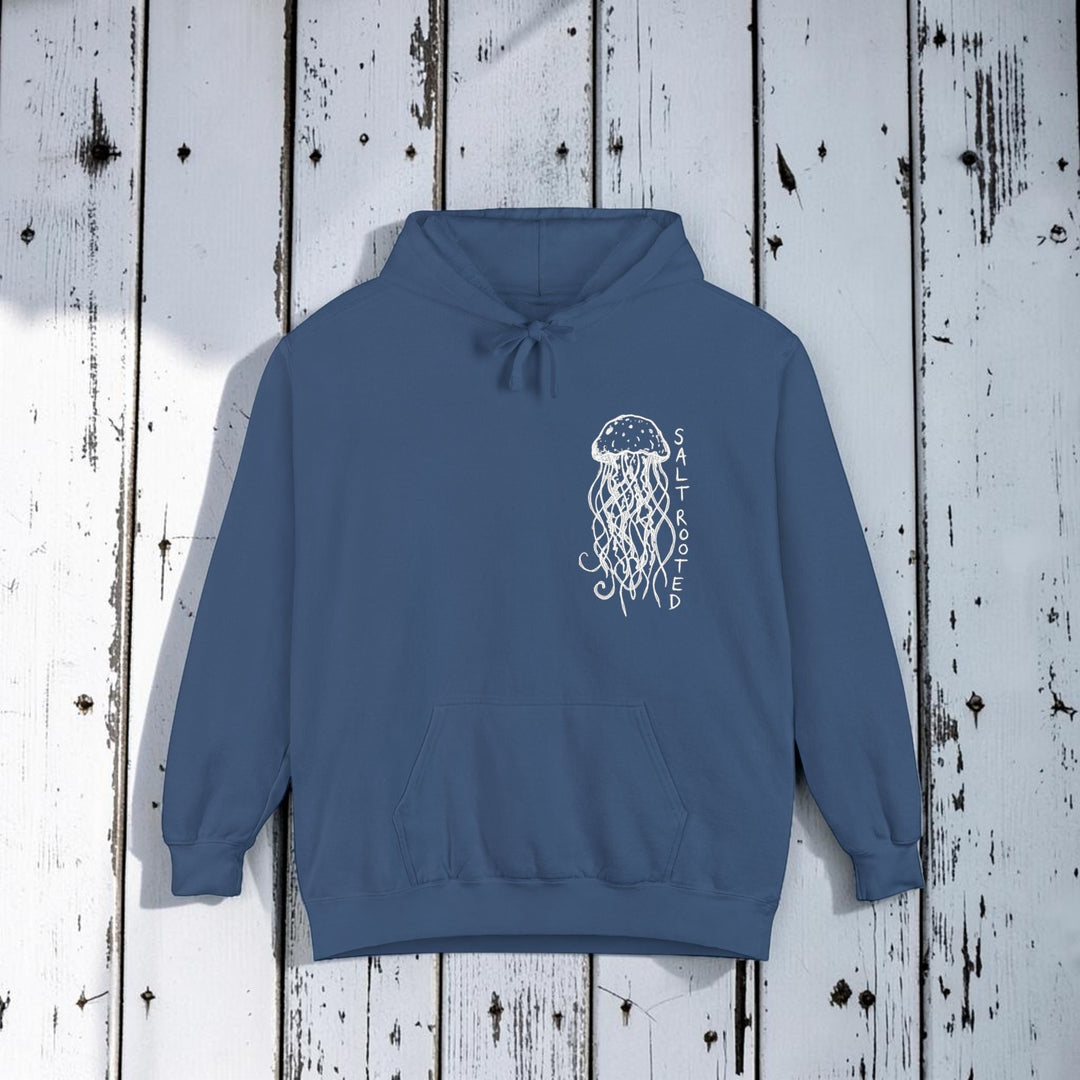 Blue hoodie with a jellyfish design and &