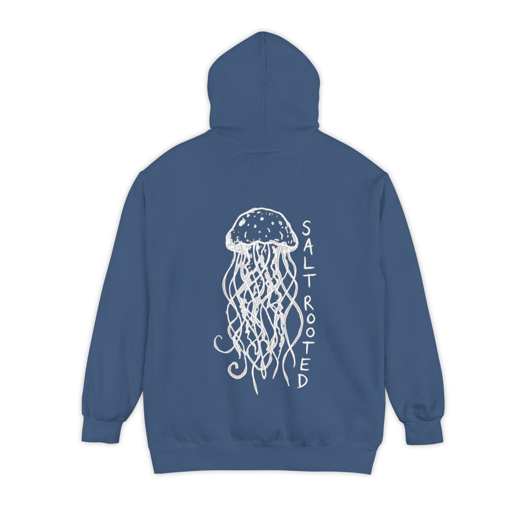 Gray hoodie with a graphic design and text on the back against a white background