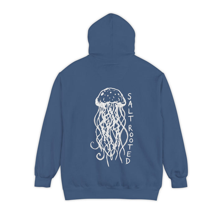 Gray hoodie with a graphic design and text on the back against a white background