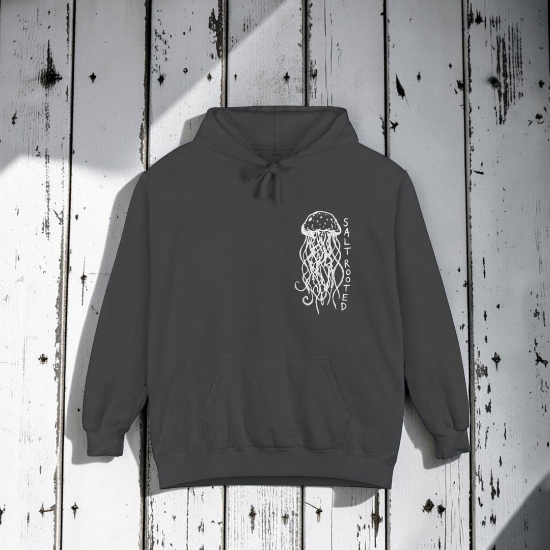 Dark gray hoodie with a white jellyfish design and &