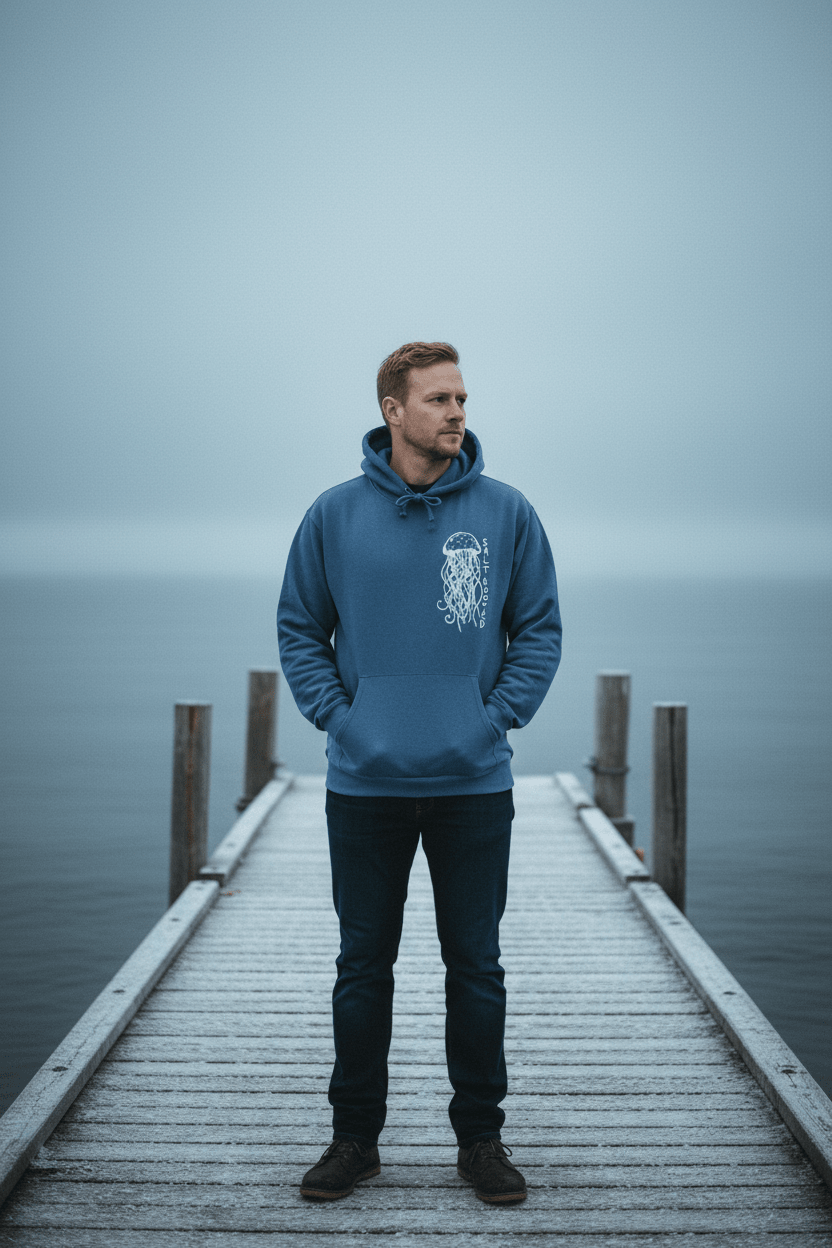 Male model wearing Salt Rooted Jellyfish Hoodie in Blue Jean on a moody Maine winter coastal dock