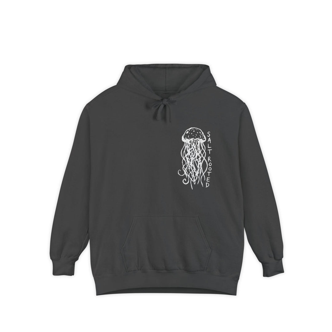 Dark gray hoodie with a white jellyfish design and &