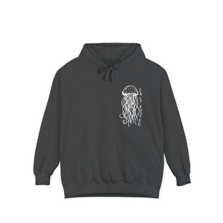 Dark gray hoodie with a white jellyfish design and &