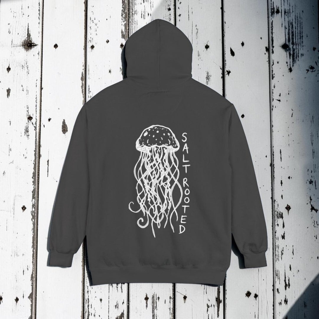 Dark gray hoodie with a dog graphic and text on the back against a white background