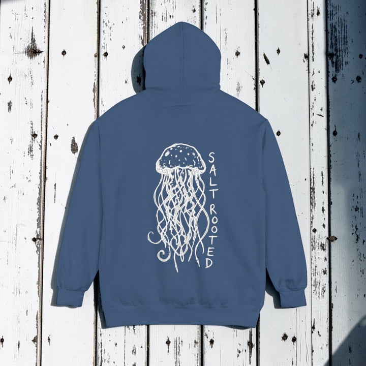 Gray hoodie with a graphic design and text on the back against a white background