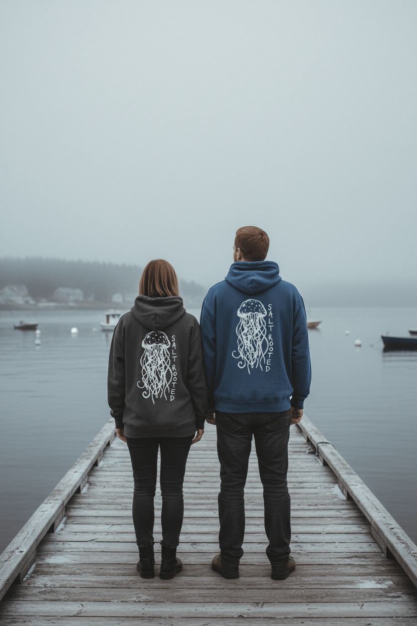 Couple showing the back of Salt Rooted Jellyfish Hoodies in Blue Jean and Pepper on a moody Maine winter coastal dock