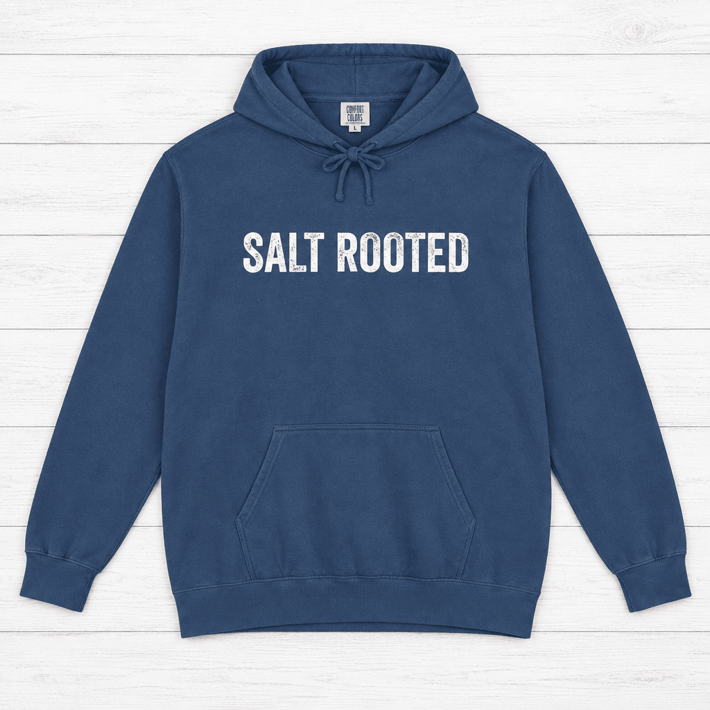 Salt Rooted Lighthouse true navy hoodie view 6 of 6 — coastal heritage graphic pullover by Five Tides Apparel