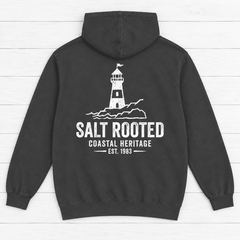 Salt Rooted Lighthouse pepper hoodie flat lay — coastal heritage graphic pullover by Five Tides Apparel