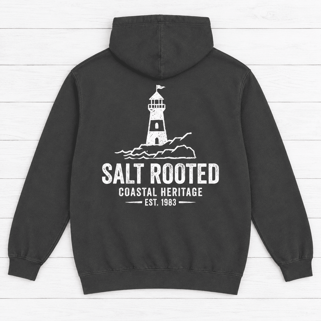 Salt Rooted Lighthouse pepper hoodie flat lay — coastal heritage graphic pullover by Five Tides Apparel