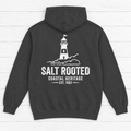Salt Rooted Lighthouse pepper hoodie flat lay — coastal heritage graphic pullover by Five Tides Apparel