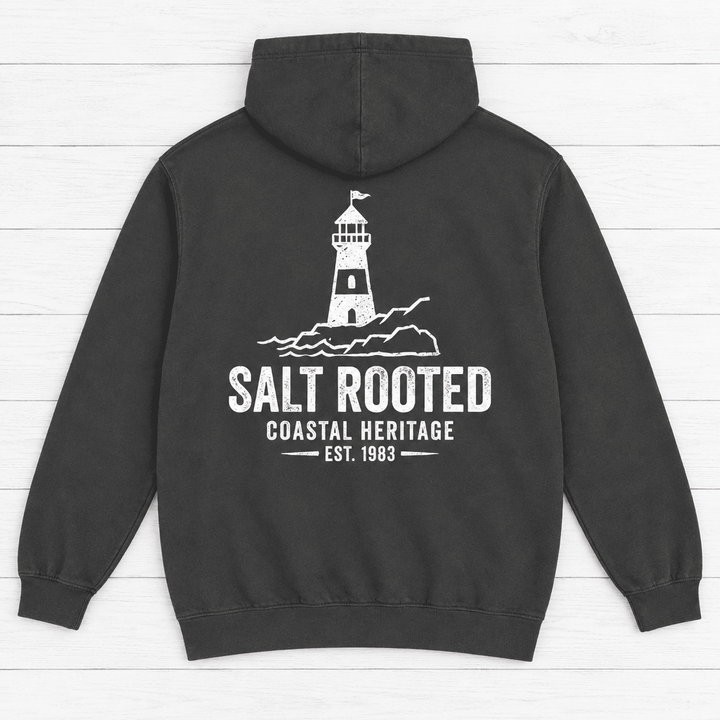 Salt Rooted Lighthouse pepper hoodie flat lay — coastal heritage graphic pullover by Five Tides Apparel