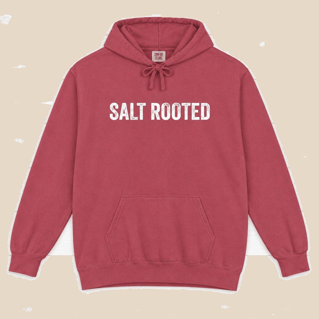 Salt Rooted Lighthouse true navy hoodie side view — coastal heritage graphic pullover by Five Tides Apparel