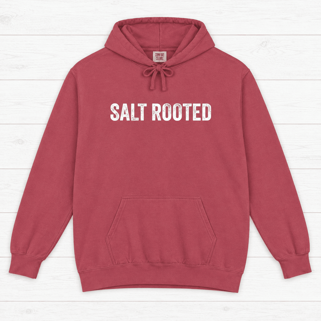 Salt Rooted Lighthouse true navy hoodie side view — coastal heritage graphic pullover by Five Tides Apparel