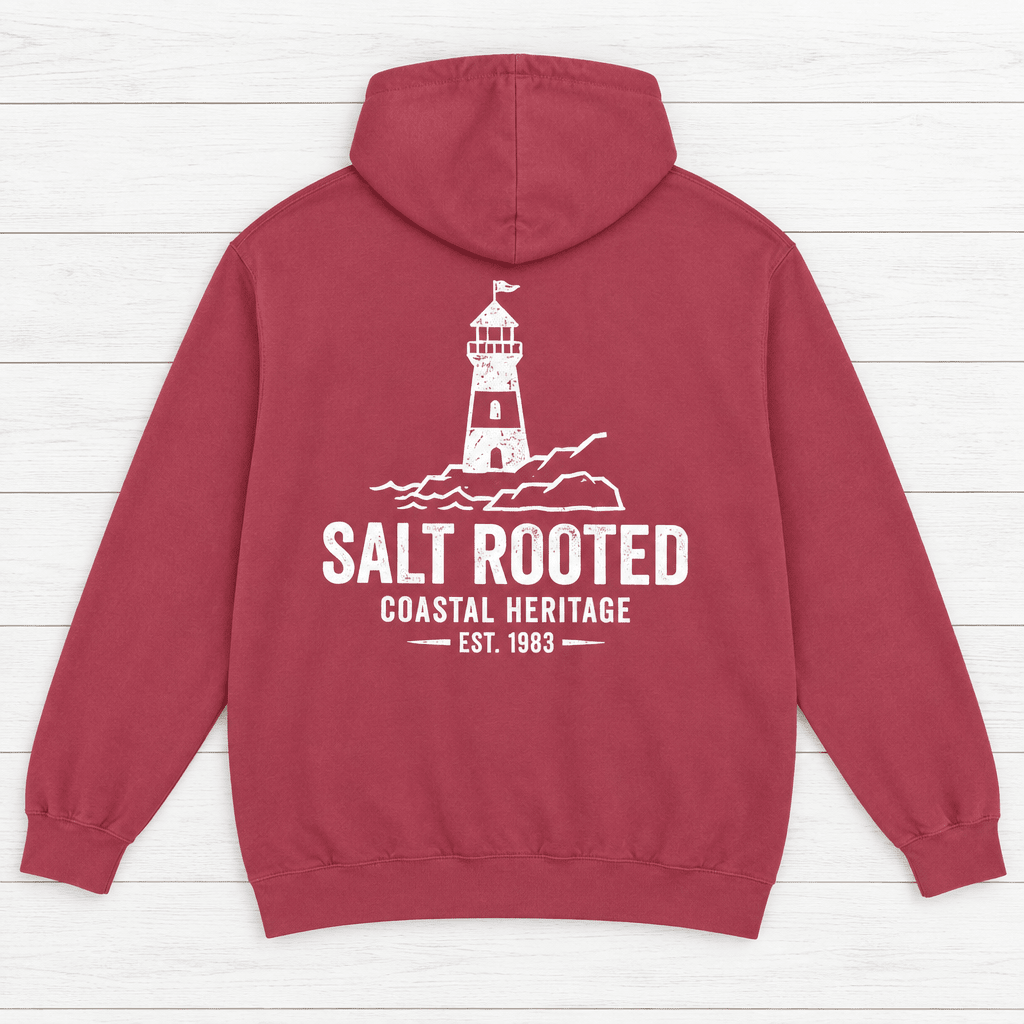 Salt Rooted Lighthouse pepper hoodie back view — coastal heritage graphic pullover by Five Tides Apparel