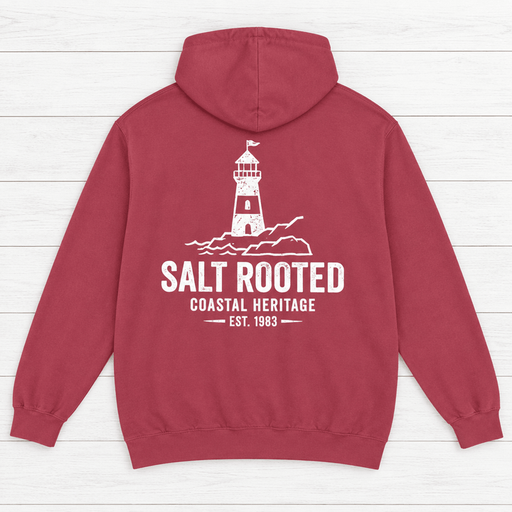 Salt Rooted Lighthouse pepper hoodie back view — coastal heritage graphic pullover by Five Tides Apparel
