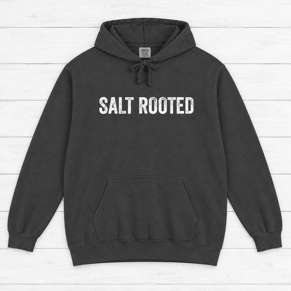 Salt Rooted Lighthouse true navy hoodie close-up of graphic — coastal heritage graphic pullover by Five Tides Apparel