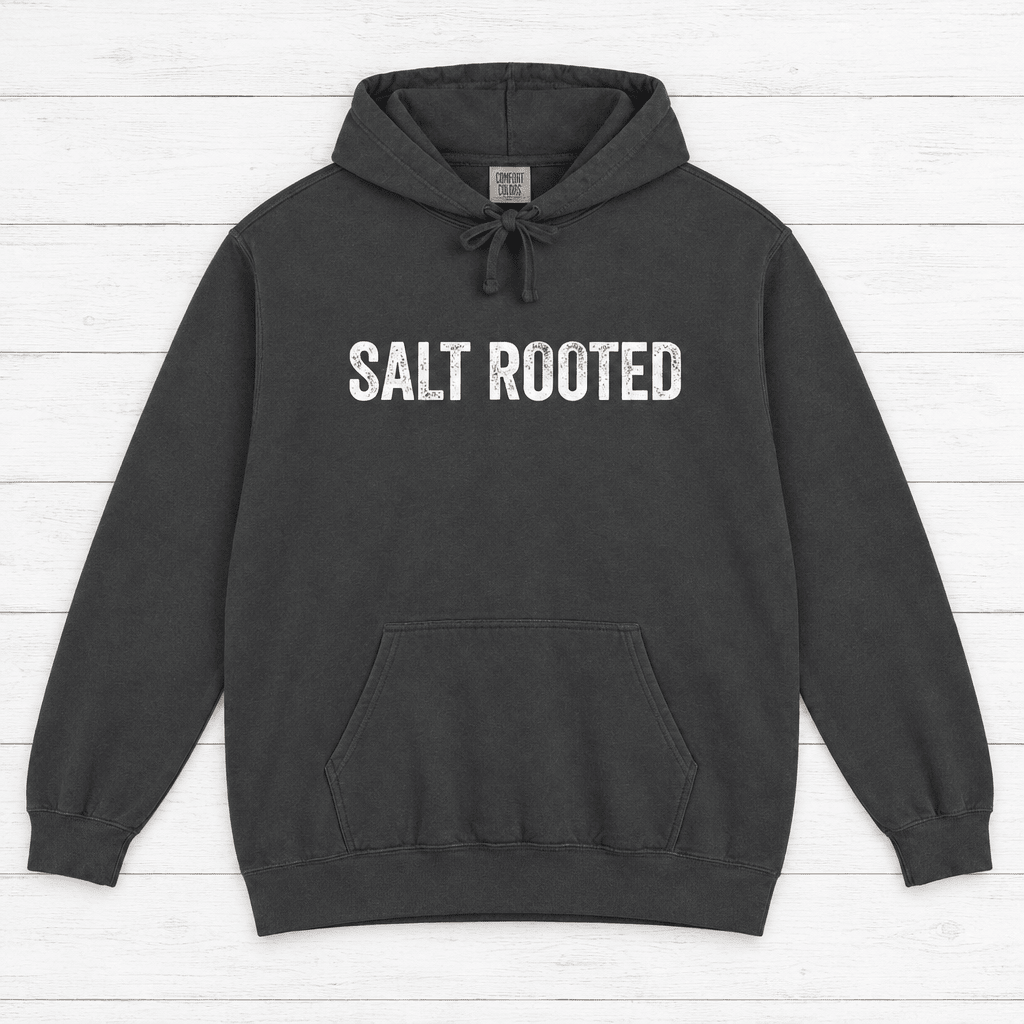 Salt Rooted Lighthouse true navy hoodie close-up of graphic — coastal heritage graphic pullover by Five Tides Apparel