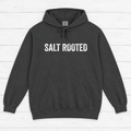 Salt Rooted Lighthouse true navy hoodie close-up of graphic — coastal heritage graphic pullover by Five Tides Apparel