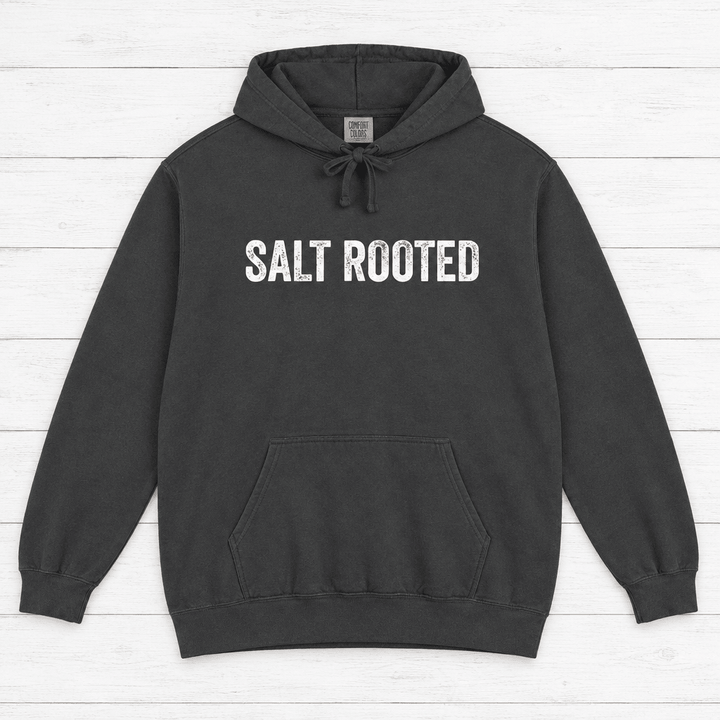 Salt Rooted Lighthouse true navy hoodie close-up of graphic — coastal heritage graphic pullover by Five Tides Apparel