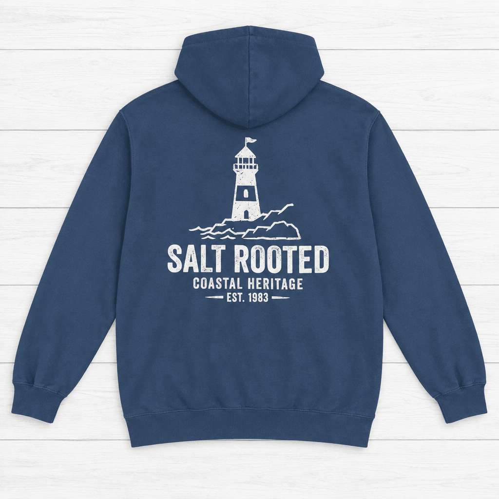 Salt Rooted Lighthouse pepper hoodie detail view — coastal heritage graphic pullover by Five Tides Apparel