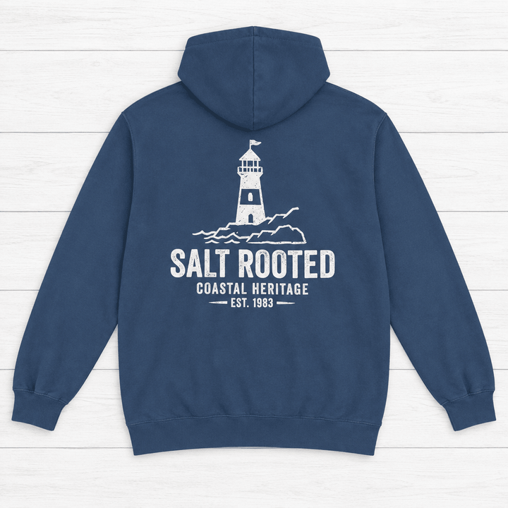 Salt Rooted Lighthouse pepper hoodie detail view — coastal heritage graphic pullover by Five Tides Apparel