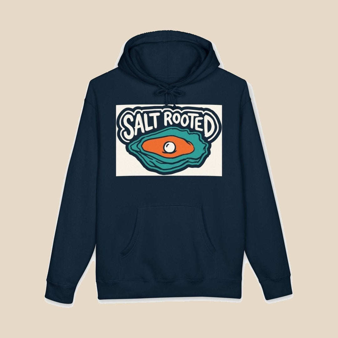 Salt Rooted Oyster black and navy hoodie — front view of this garment-dyed coastal graphic pullover by Five Tides Apparel