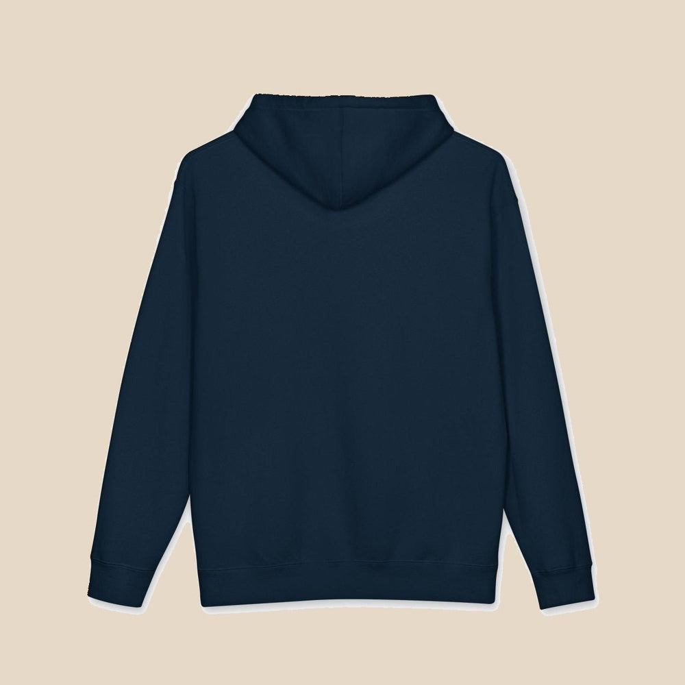 Salt Rooted Oyster black and navy hoodie — back view of this garment-dyed coastal graphic pullover by Five Tides Apparel