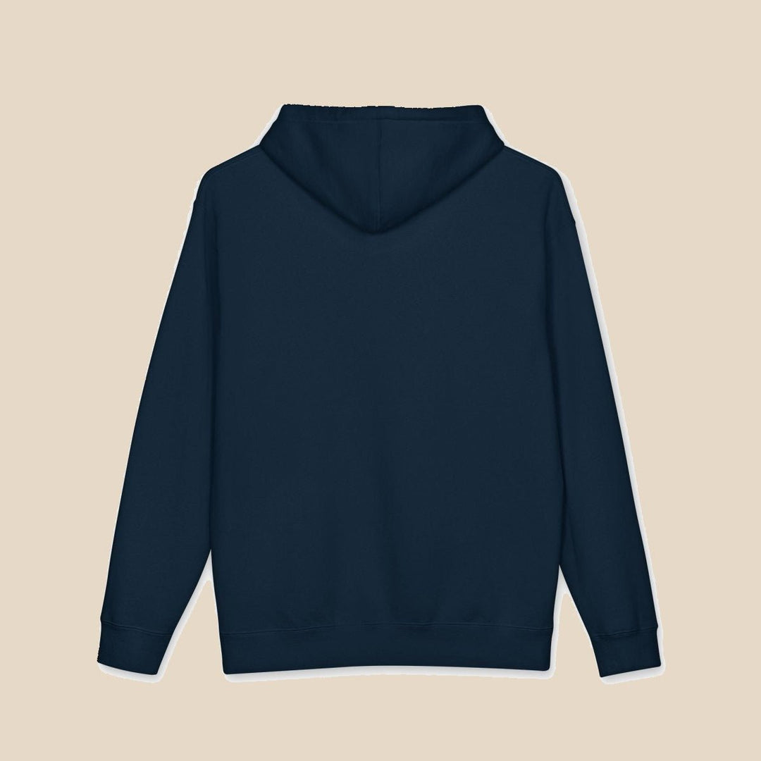 Salt Rooted Oyster black and navy hoodie — back view of this garment-dyed coastal graphic pullover by Five Tides Apparel