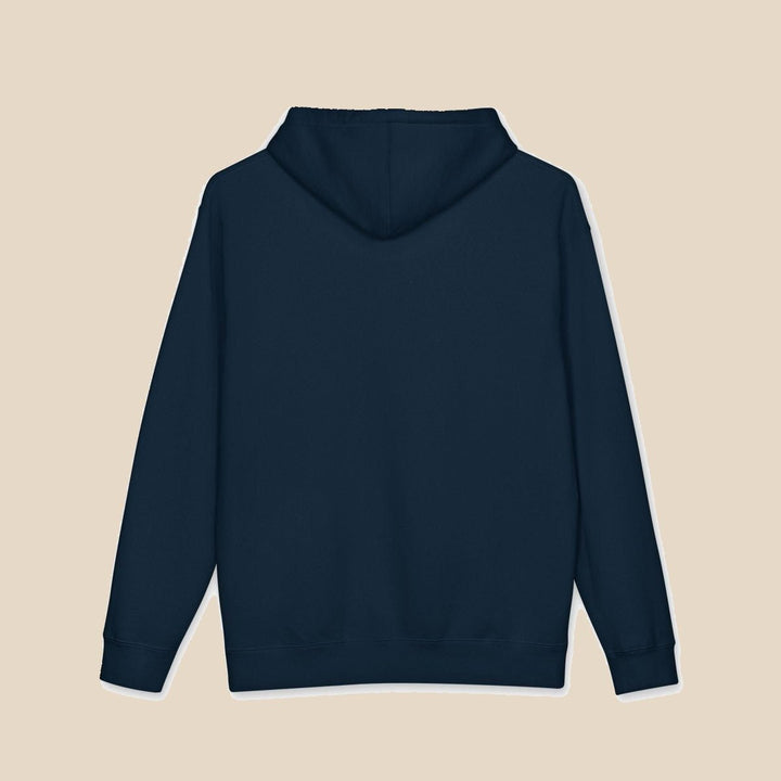 Salt Rooted Oyster black and navy hoodie — back view of this garment-dyed coastal graphic pullover by Five Tides Apparel