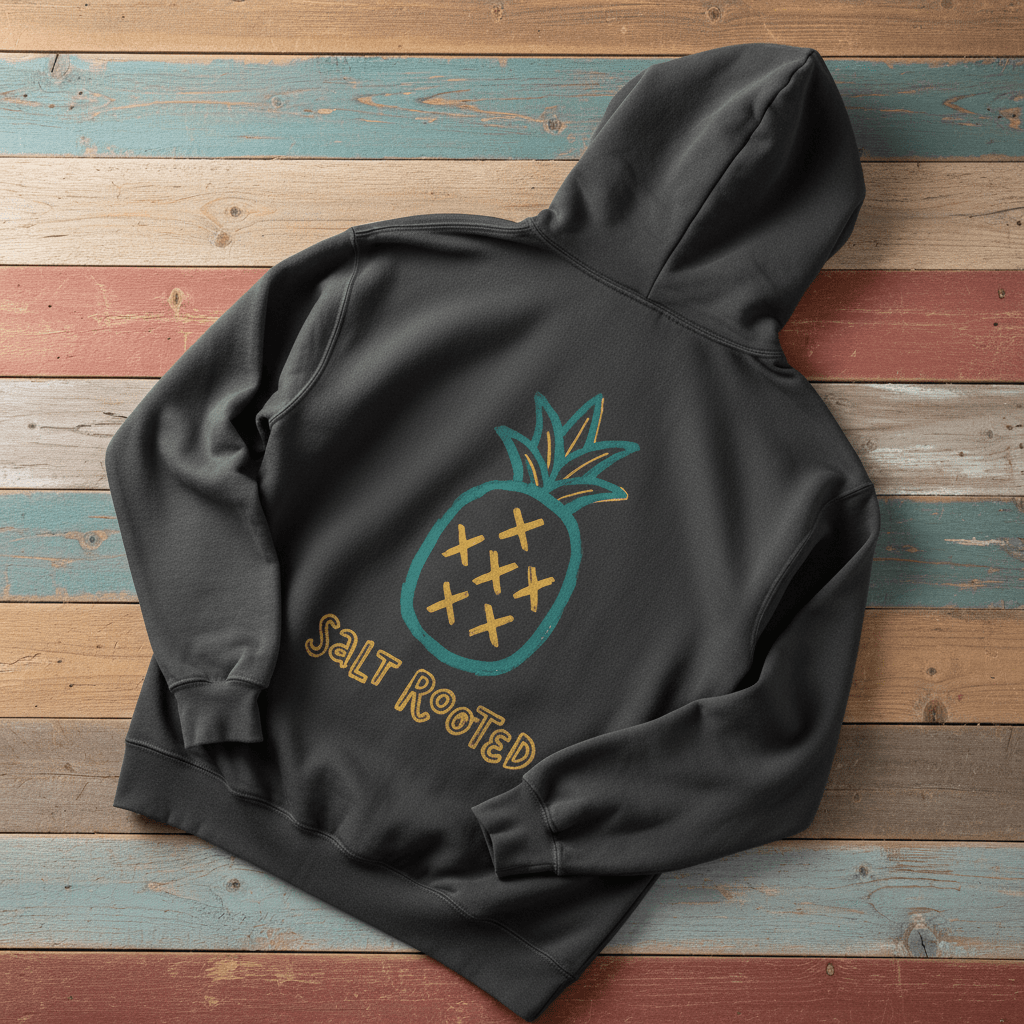 Salt Rooted Pineapple Hoodie in Pepper — back graphic with teal pineapple and SALT ROOTED lettering on driftwood