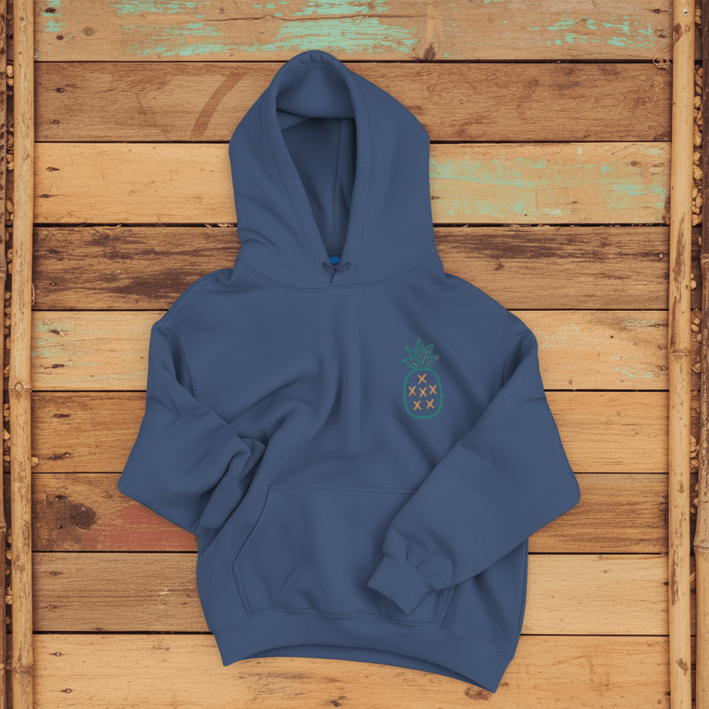 Salt Rooted Pineapple Hoodie in Steel Blue — front chest pineapple graphic on driftwood