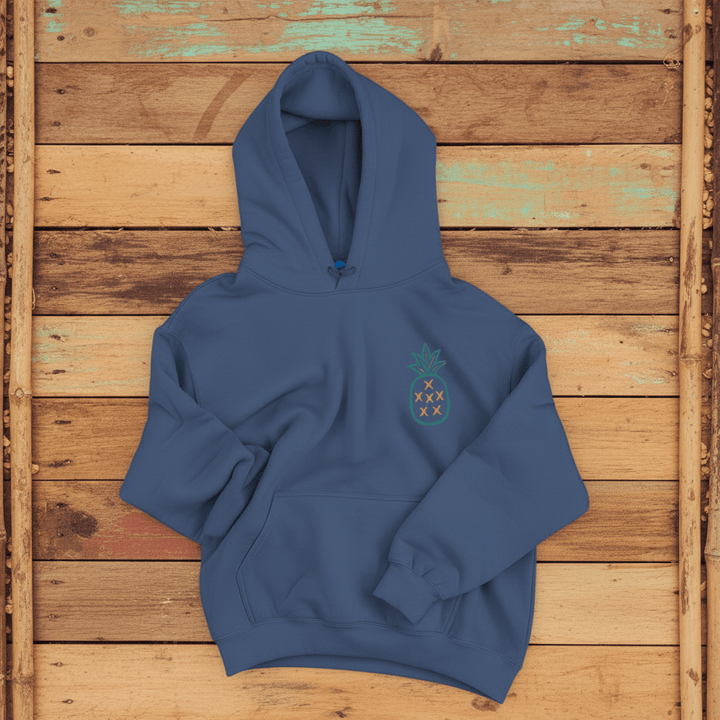Salt Rooted Pineapple Hoodie in Steel Blue — front chest pineapple graphic on driftwood