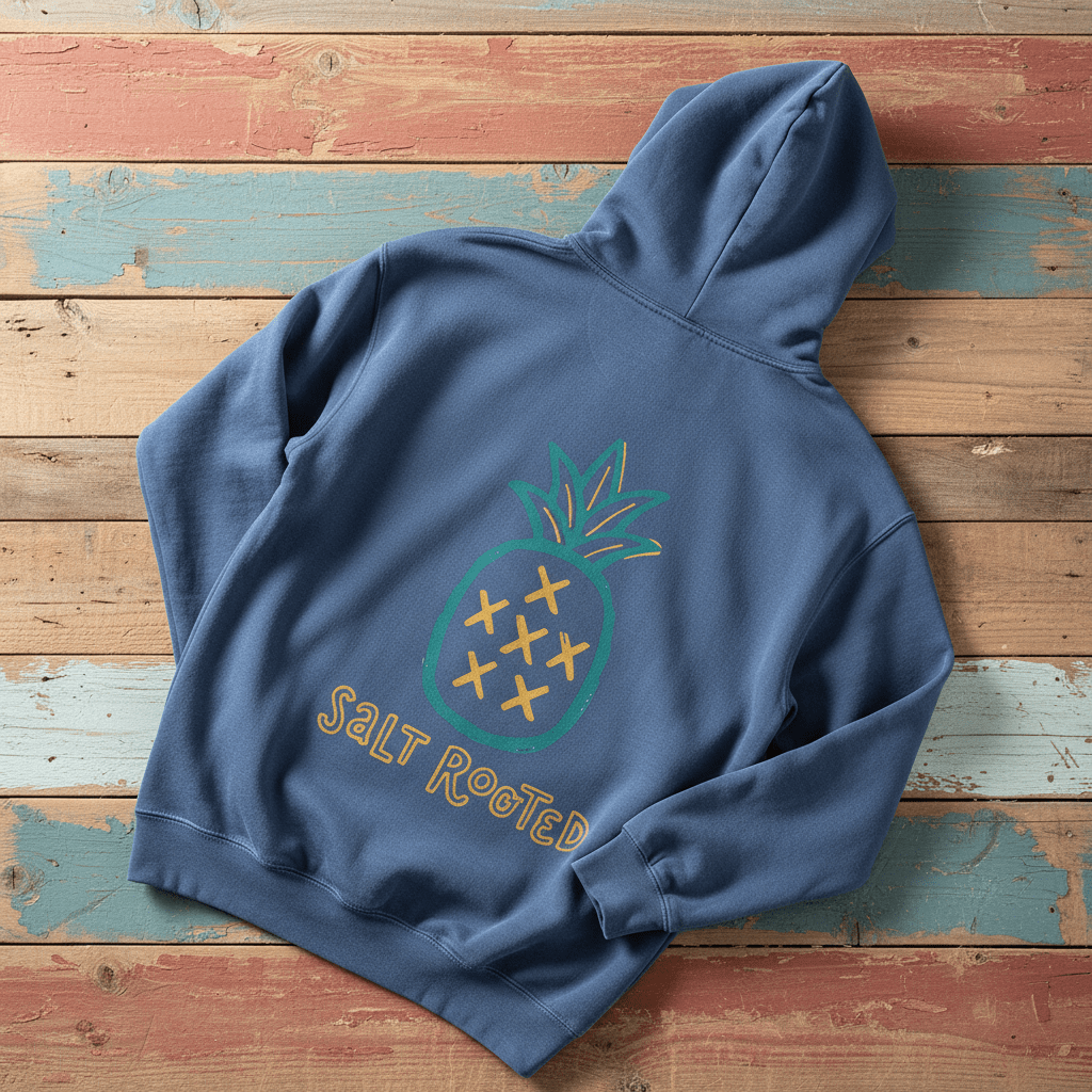 Salt Rooted Pineapple Hoodie in Steel Blue — back graphic with teal pineapple and SALT ROOTED lettering on driftwood
