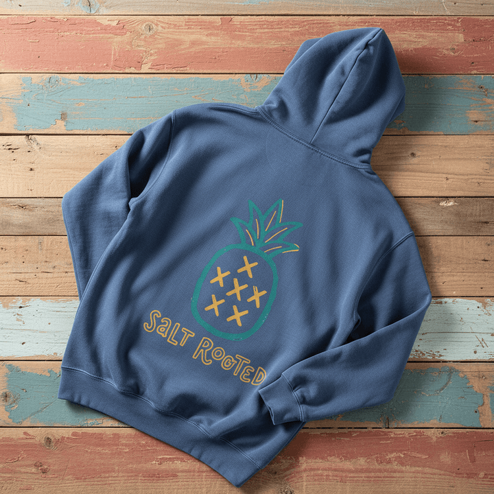 Salt Rooted Pineapple Hoodie in Steel Blue — back graphic with teal pineapple and SALT ROOTED lettering on driftwood