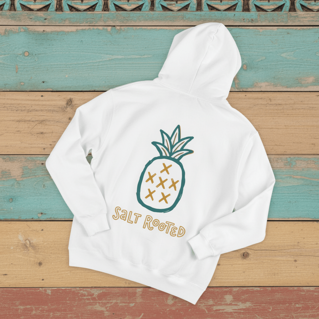 Salt Rooted Pineapple Hoodie in White — back graphic with teal pineapple and SALT ROOTED lettering on driftwood