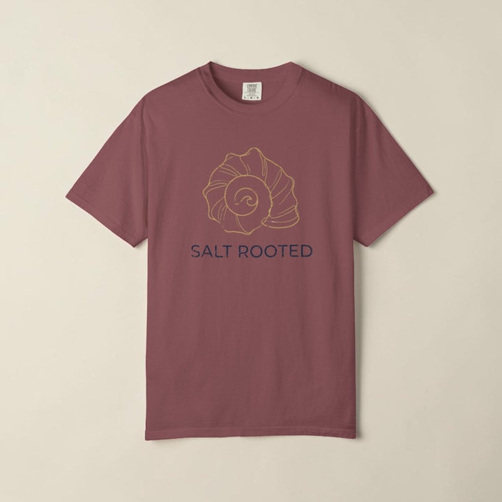 Maroon t-shirt with text on a white background