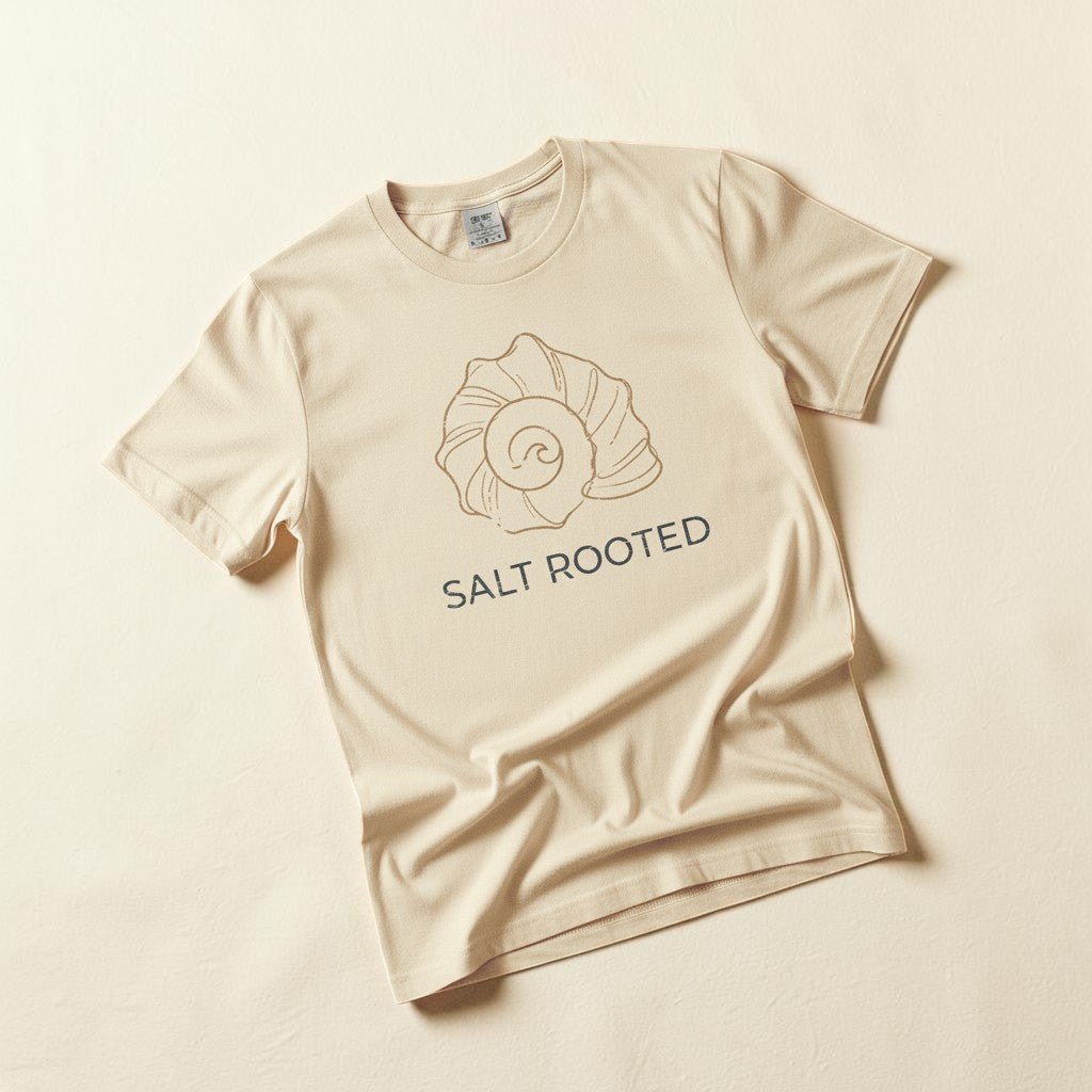 Flat lay - ivory Salt Rooted tee on weathered driftwood planks