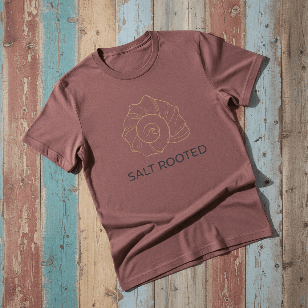 Flat lay - brick mauve Salt Rooted tee on weathered driftwood planks