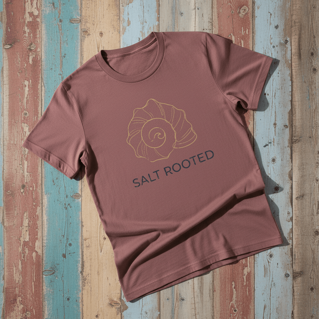 Flat lay - brick mauve Salt Rooted tee on weathered driftwood planks