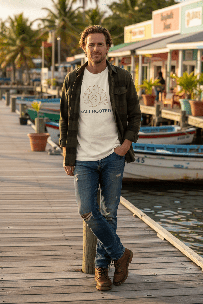 Male lifestyle - ivory Salt Rooted tee on tropical island dock