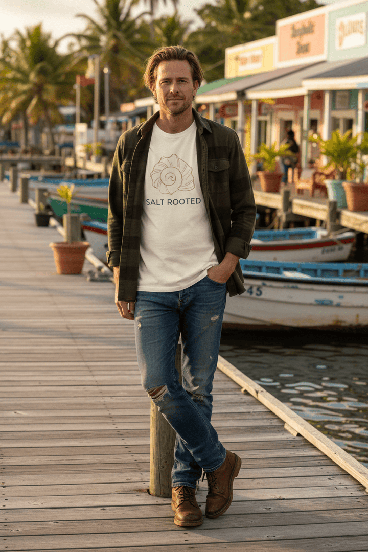 Male lifestyle - ivory Salt Rooted tee on tropical island dock