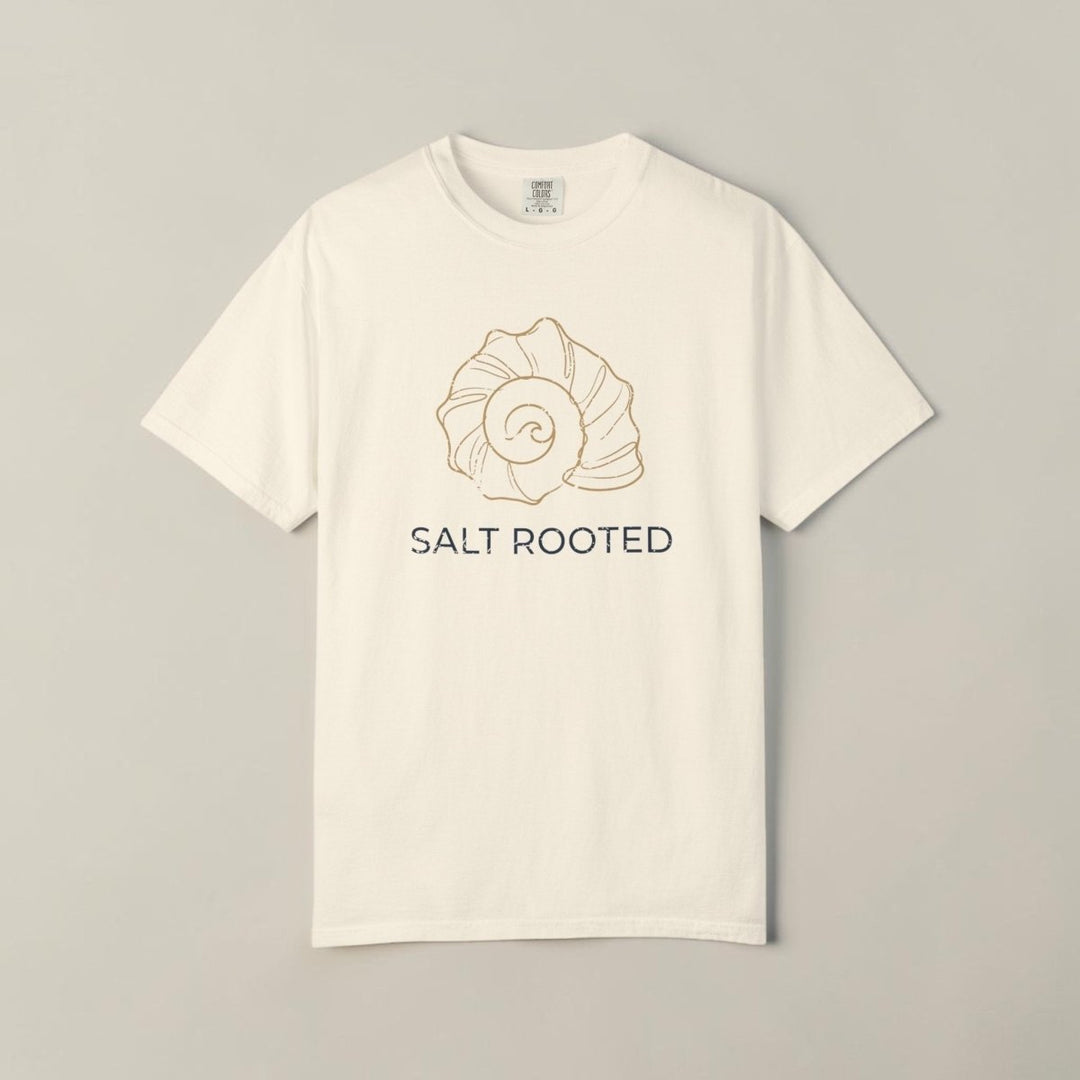 Beige t-shirt with a shell graphic and &