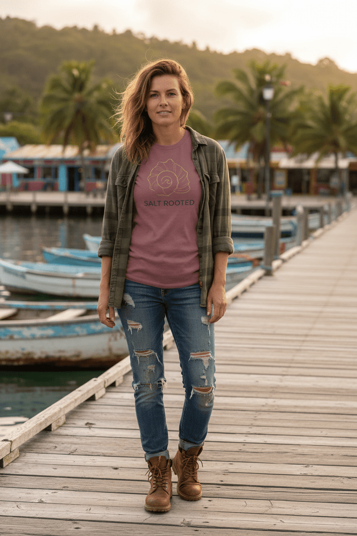 Female lifestyle - brick mauve Salt Rooted tee on tropical island dock