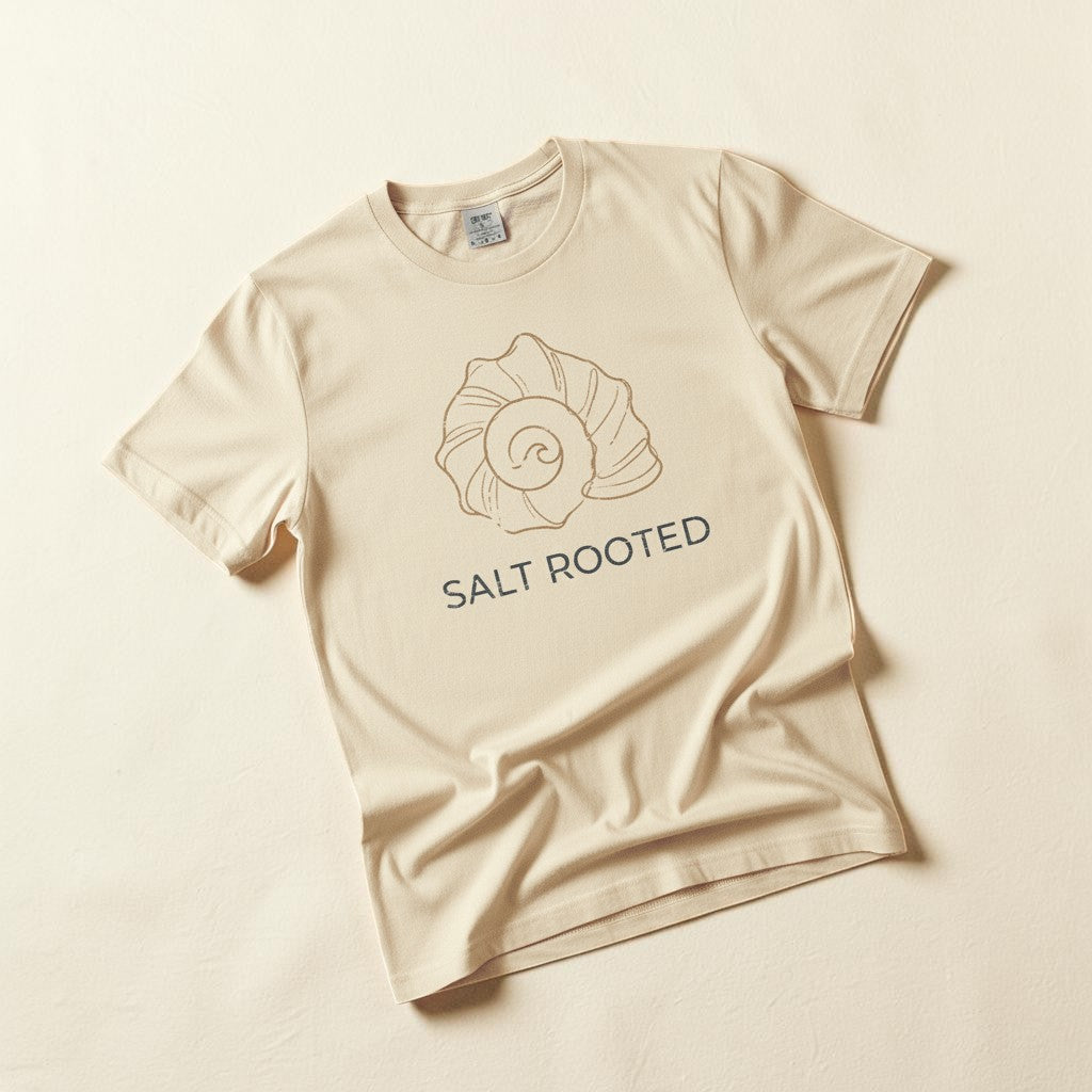 Flat lay - ivory Salt Rooted tee on weathered driftwood planks