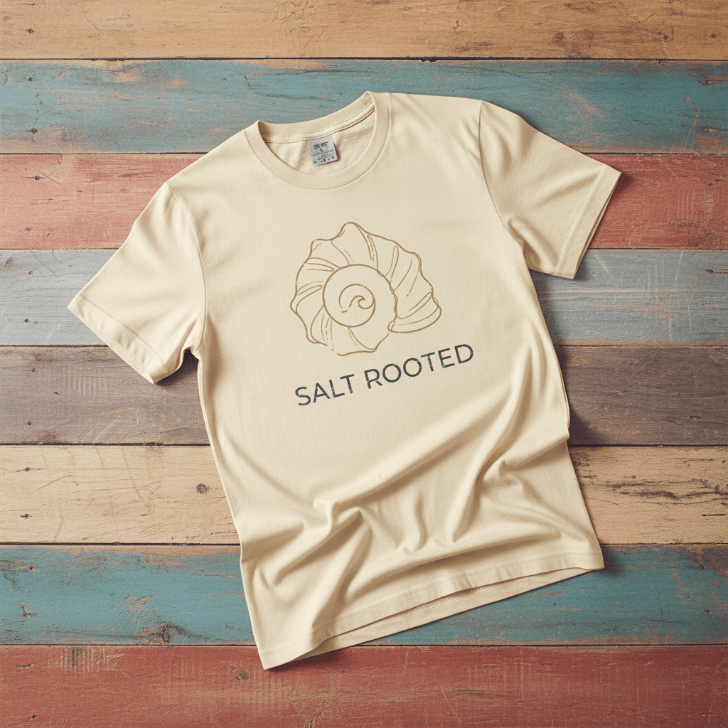 Flat lay - ivory Salt Rooted tee on weathered driftwood planks